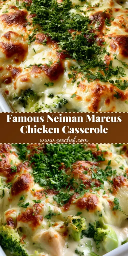 A close-up of Neiman Marcus Chicken Casserole with bubbly mozzarella and golden parmesan spots in a white dish. (Neiman Marcus Chicken Casserole)