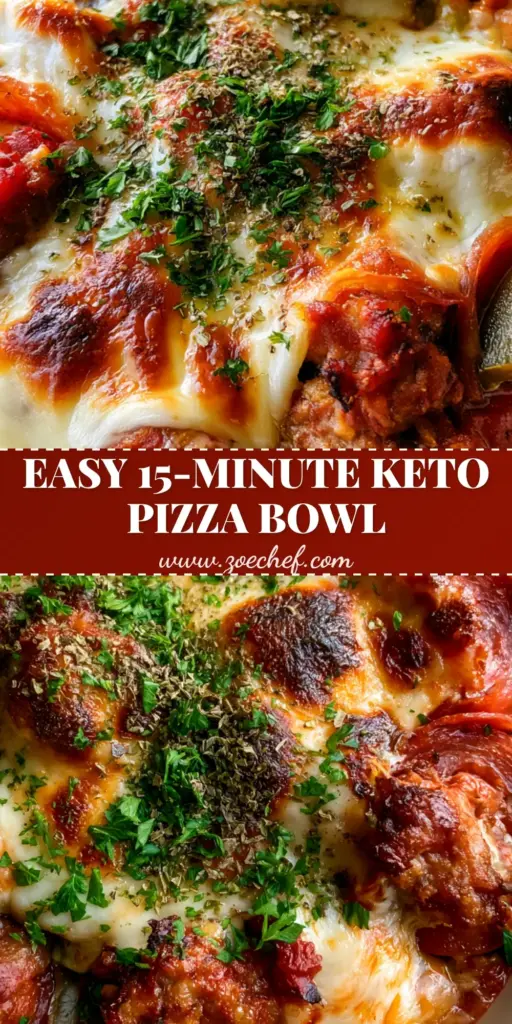 Keto Pizza Bowl: The Ultimate Cheesy Low-Carb Comfort Food 3 A top-down view of a Keto Pizza Bowl in a white ceramic bowl featuring melted bubbly mozzarella with charred spots, pepperoni, and fresh parsley garnish.