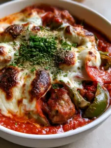 Close up shot of browned Italian sausage chunks and vibrant red marinara sauce inside a Keto Pizza Bowl.