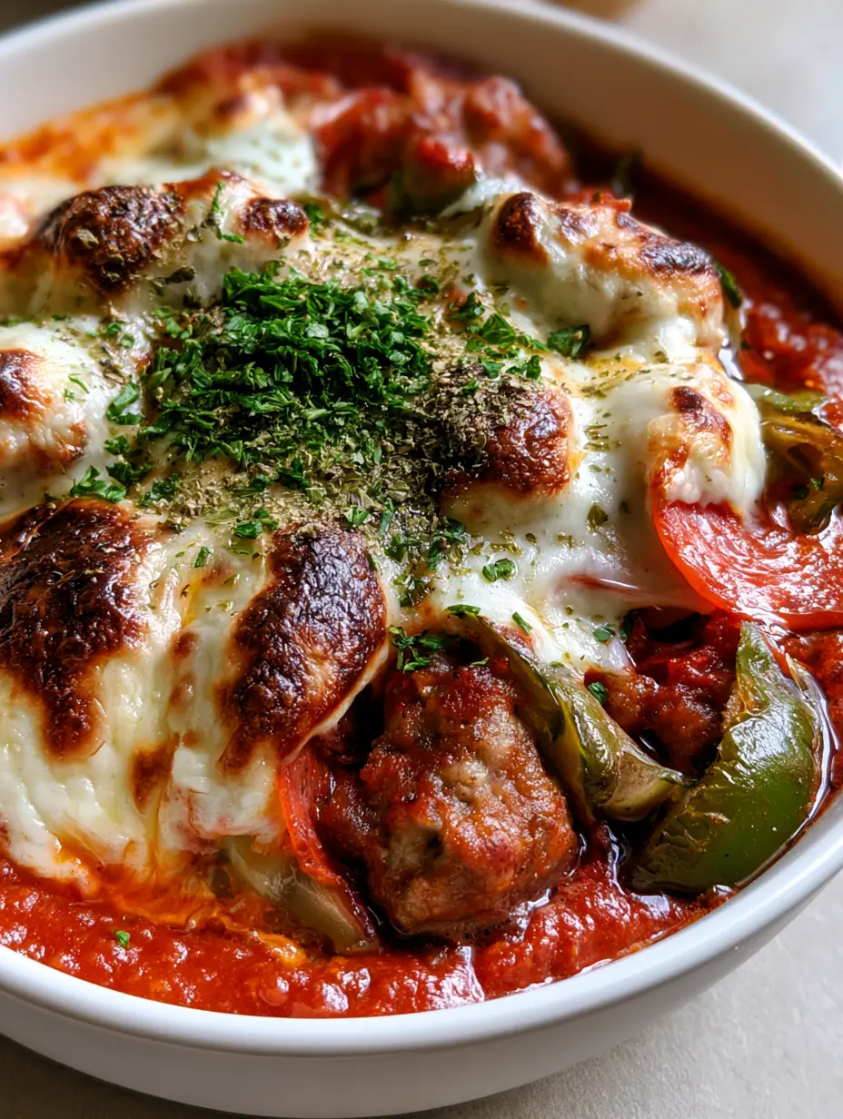 Keto Pizza Bowl: The Ultimate Cheesy Low-Carb Comfort Food 4 Close up shot of browned Italian sausage chunks and vibrant red marinara sauce inside a Keto Pizza Bowl.