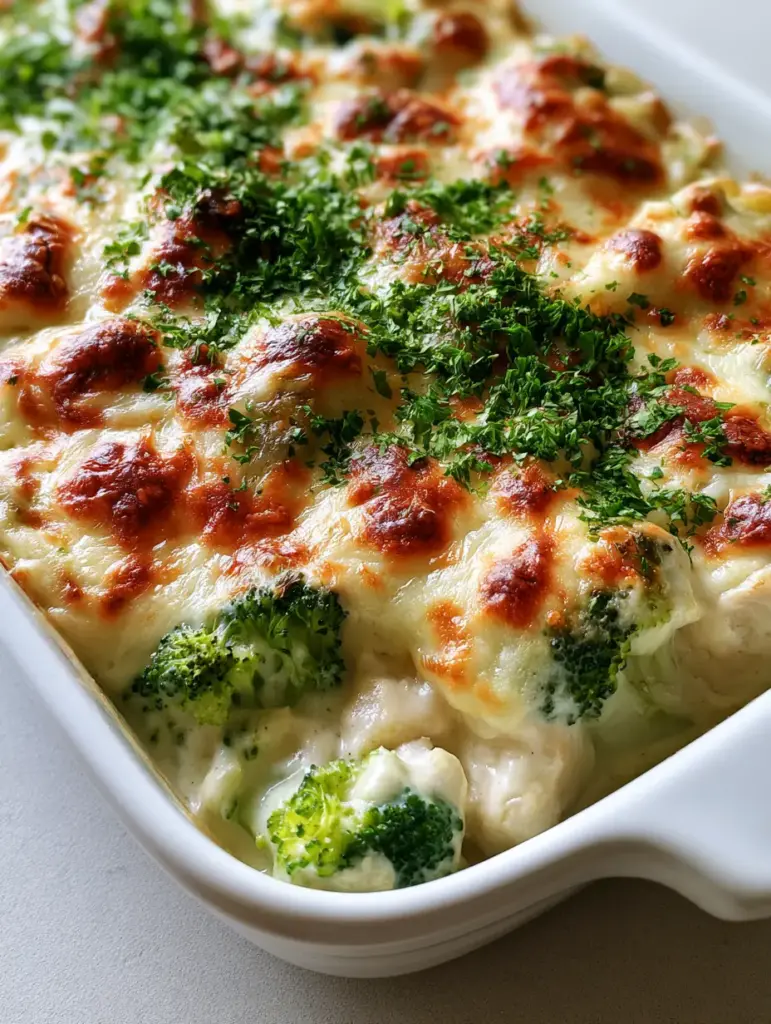 High-angle view of Neiman Marcus Chicken Casserole showing poached chicken, broccoli, and fresh parsley garnish. (Neiman Marcus Chicken Casserole)
