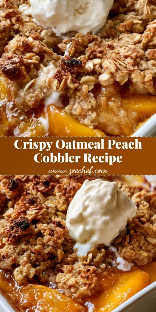 Peach Cobbler with Oatmeal Crumble: The Ultimate Bubbly Summer Dessert 4 A close-up of Peach Cobbler with Oatmeal Crumble in a white dish, topped with melting vanilla ice cream and showing bubbly orange peaches.
