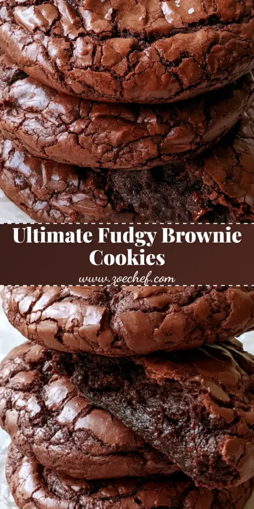 A stack of three thick dark chocolate Fudgy Brownie Cookies with a shiny crackly crust and flaky sea salt on white parchment paper.