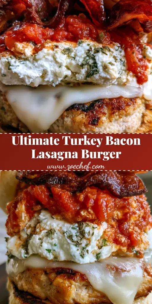 A handheld view of a loaded Turkey Bacon Lasagna Burger with melted mozzarella, ricotta dollops, and crispy bacon on a toasted brioche bun.