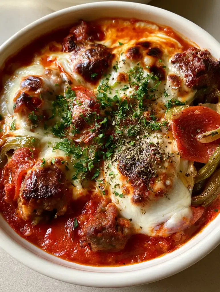 Keto Pizza Bowl: The Ultimate Cheesy Low-Carb Comfort Food 1 Finished Keto Pizza Bowl showing melted mozzarella cheese with golden-brown charred spots and green bell pepper slices.