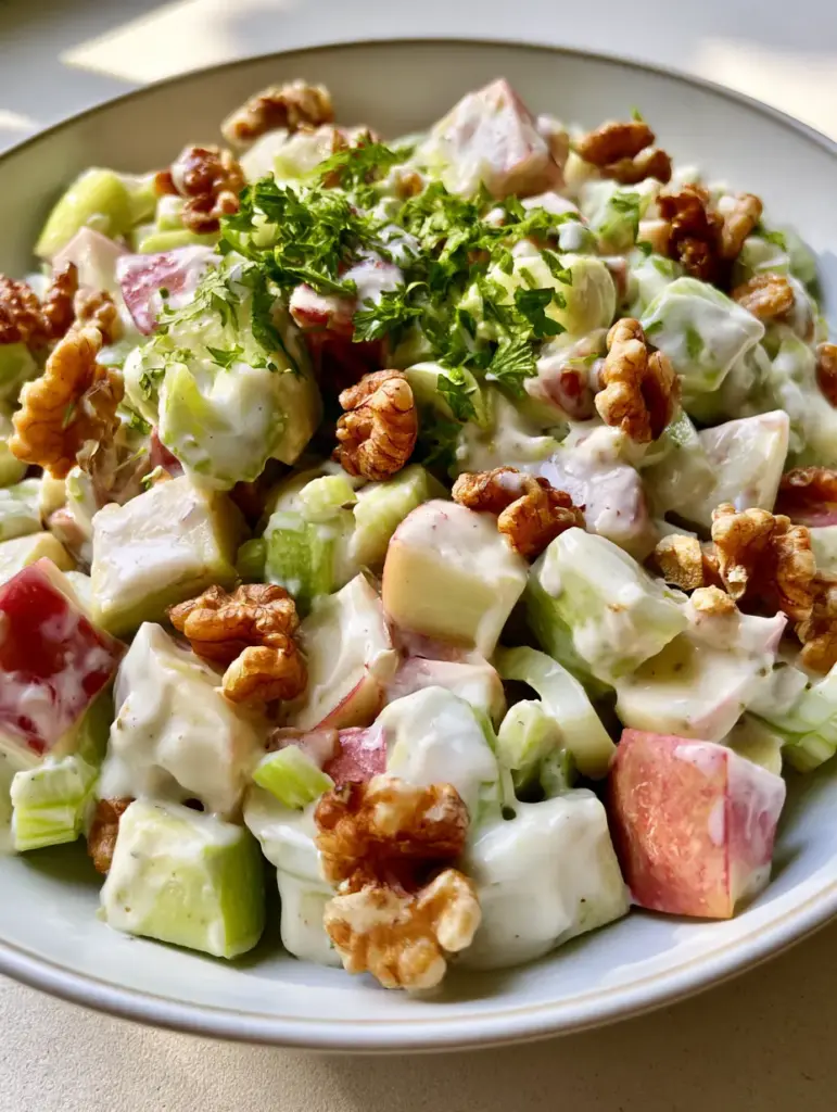 Apple Walnut Salad: The Easiest Creamy and Crunchy Recipe 1 Close up view of Apple Walnut Salad showing the texture of toasted walnut halves and fresh parsley.