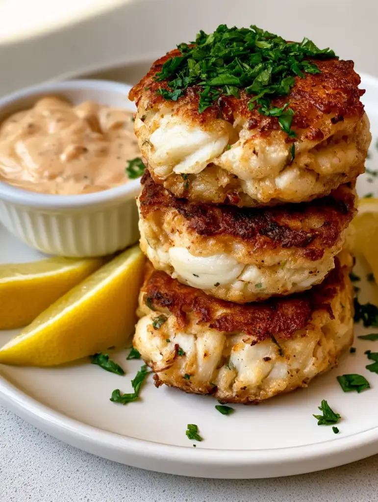 A close-up handheld shot of three puck-shaped Joe’s Crab Shack Crab Cakes showing visible white crab meat flakes and a crispy crust.