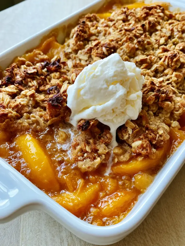 Handheld photo of Peach Cobbler with Oatmeal Crumble showing the thick, syrupy fruit and golden brown butter crumble.