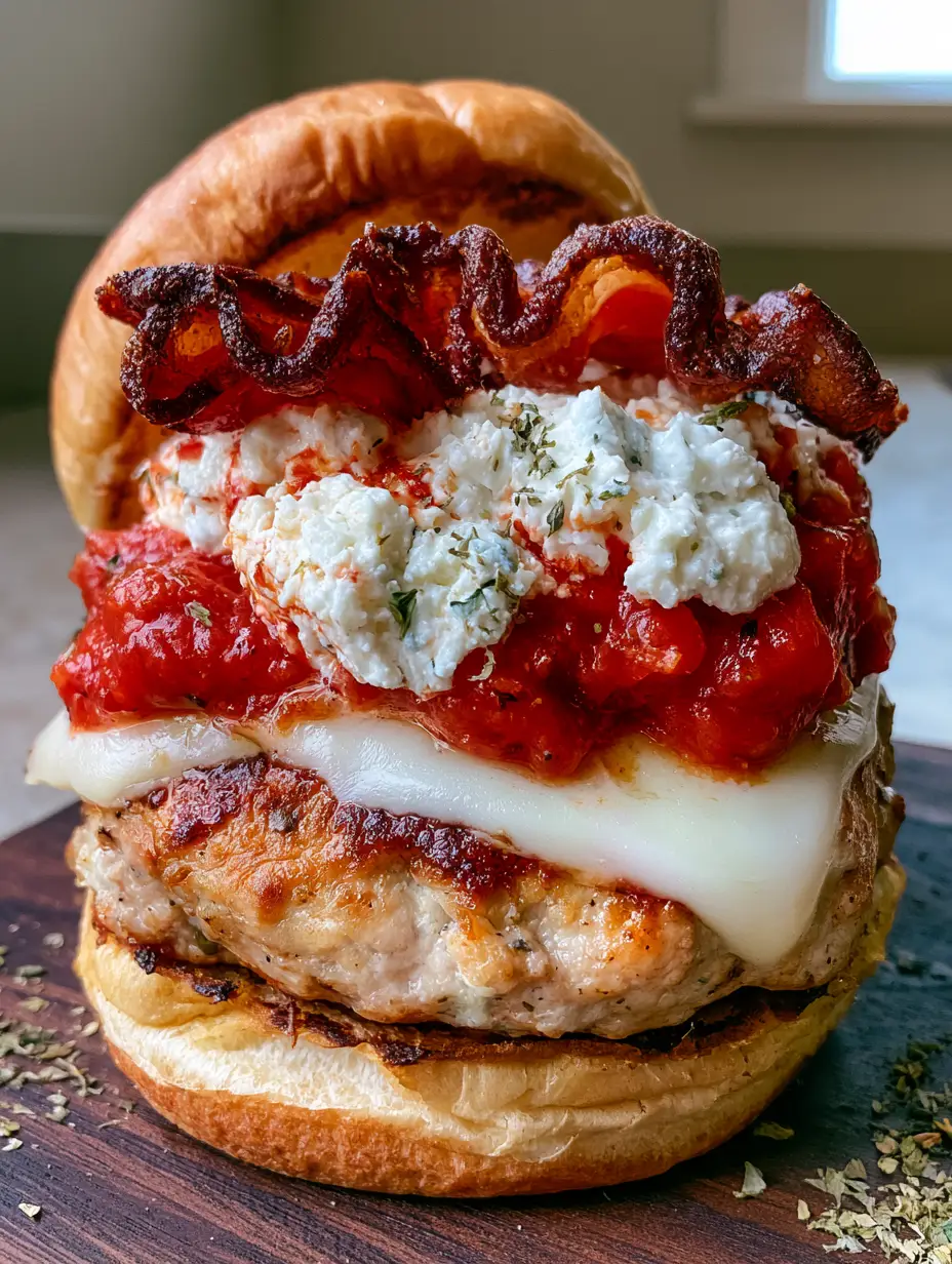 Close-up of a Turkey Bacon Lasagna Burger showing the golden-brown char on the turkey patty and creamy whipped ricotta flecked with herbs.
