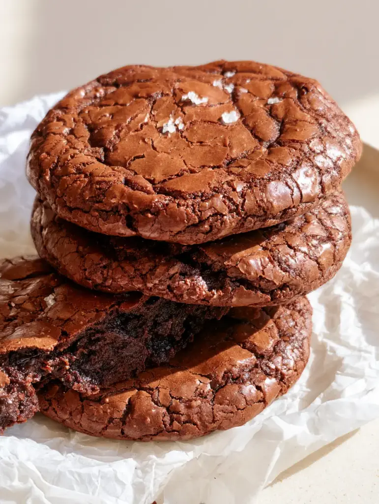 Close up of a Fudgy Brownie Cookie broken open to reveal a dense and moist chocolate interior.