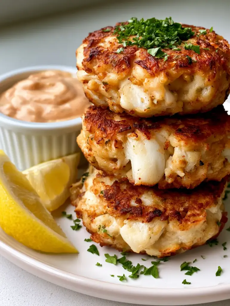 Joe’s Crab Shack Crab Cakes: The Ultimate Crispy Lump Crab Recipe 1 Crispy pan-fried crab cakes served with creamy orange remoulade and fresh lemon on a white plate.