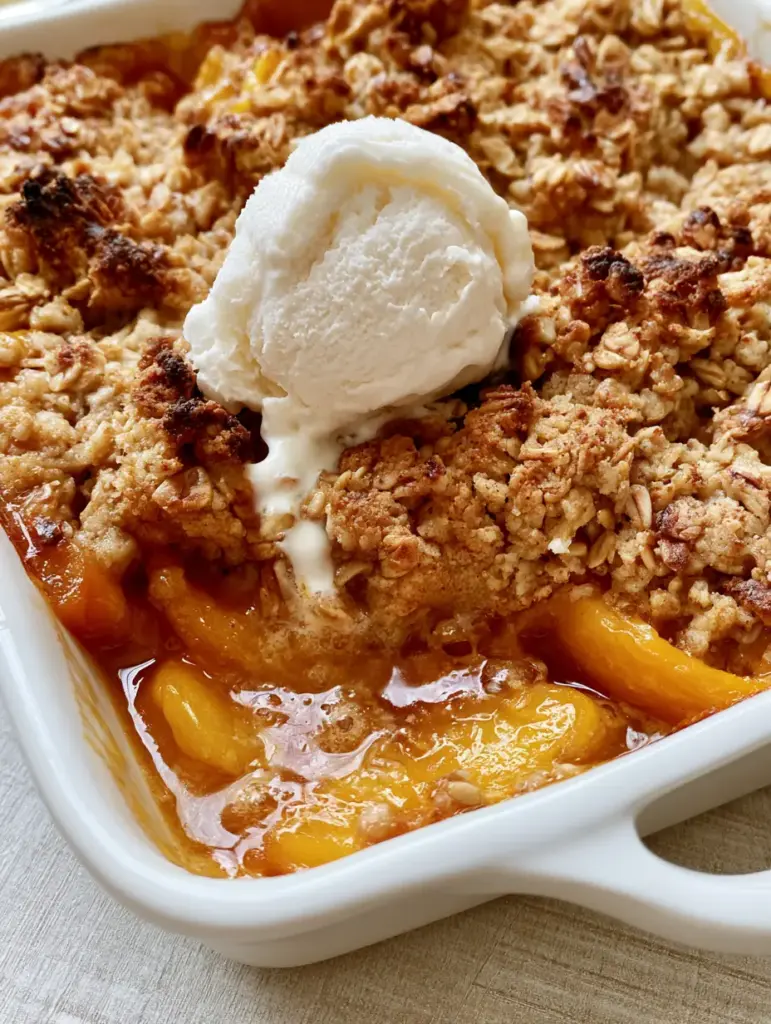 Peach Cobbler with Oatmeal Crumble: The Ultimate Bubbly Summer Dessert 1 Close-up of a rectangular dish filled with Peach Cobbler with Oatmeal Crumble and a scoop of melting white ice cream.