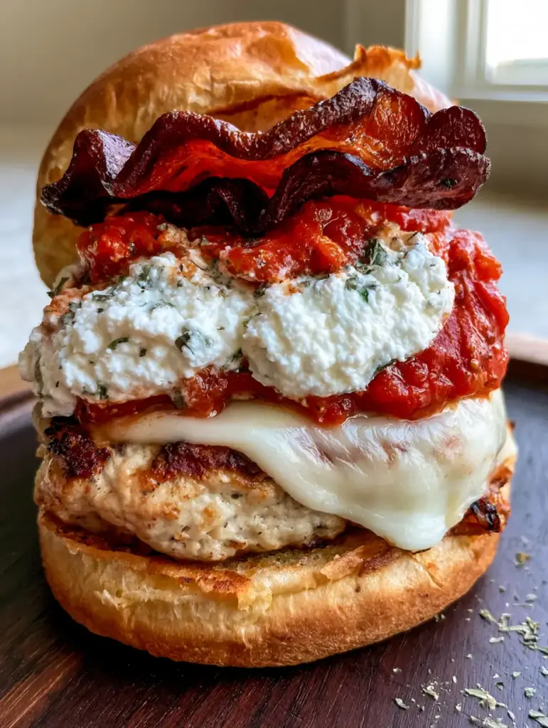 A perfectly assembled Turkey Bacon Lasagna Burger with vibrant marinara sauce and wavy crispy bacon strips.