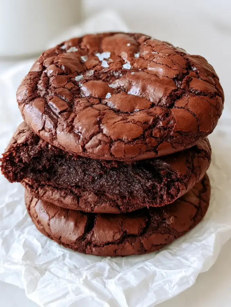 Overhead view of several Fudgy Brownie Cookies with distinct shiny, paper-thin crackly crusts on crumpled parchment.