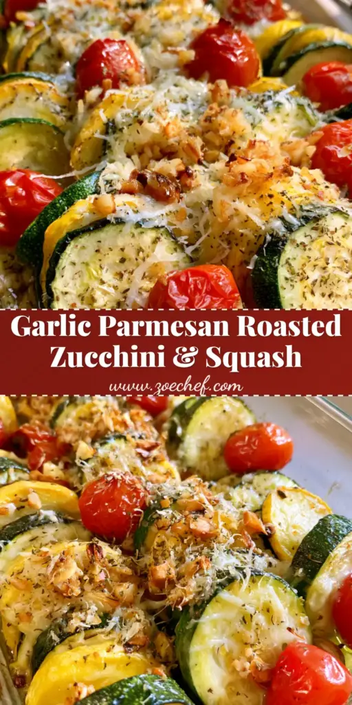 Roasted Zucchini and Squash with Blistered Tomatoes and Parmesan 3 A glass rectangular baking dish filled with alternating slices of Roasted Zucchini and Squash, blistered cherry tomatoes, and melted parmesan cheese.