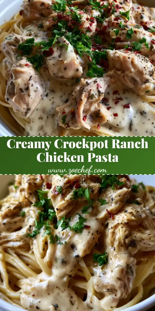 Slow Cooker Creamy Ranch Chicken with Linguine 3 A shallow white bowl of Slow Cooker Creamy Ranch Chicken over linguine with ivory sauce, herbs, and red pepper flakes.