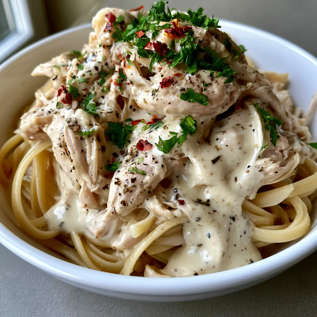 Slow Cooker Creamy Ranch Chicken with Linguine 2 Handheld photo of shredded chicken in creamy ivory ranch sauce over pasta. (Slow Cooker Creamy Ranch Chicken)
