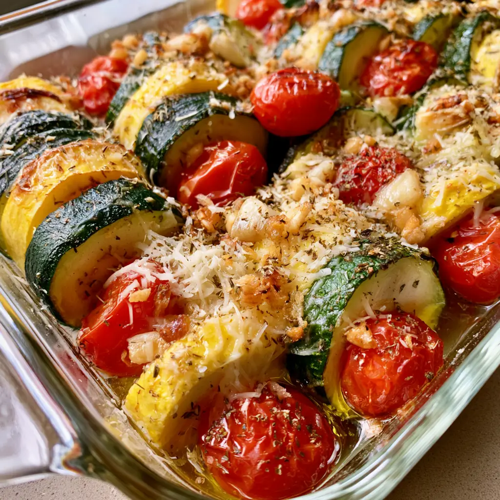 Roasted Zucchini and Squash with Blistered Tomatoes and Parmesan 2 Overhead view of Roasted Zucchini and Squash with golden-brown melted parmesan and roasted garlic bits.