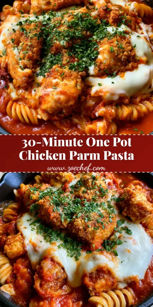 One Pot Chicken Parmesan Pasta: The Ultimate 30-Minute Dinner 3 Vertical shot of One Pot Chicken Parmesan Pasta in a black skillet with melted mozzarella and fresh parsley.