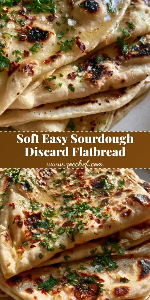 sourdough discard flatbread: The Ultimate Soft and Charred Pan-Seared Recipe 3 A stack of folded sourdough discard flatbreads with charred bubbles, melted butter, parsley, and chili flakes on a white plate.