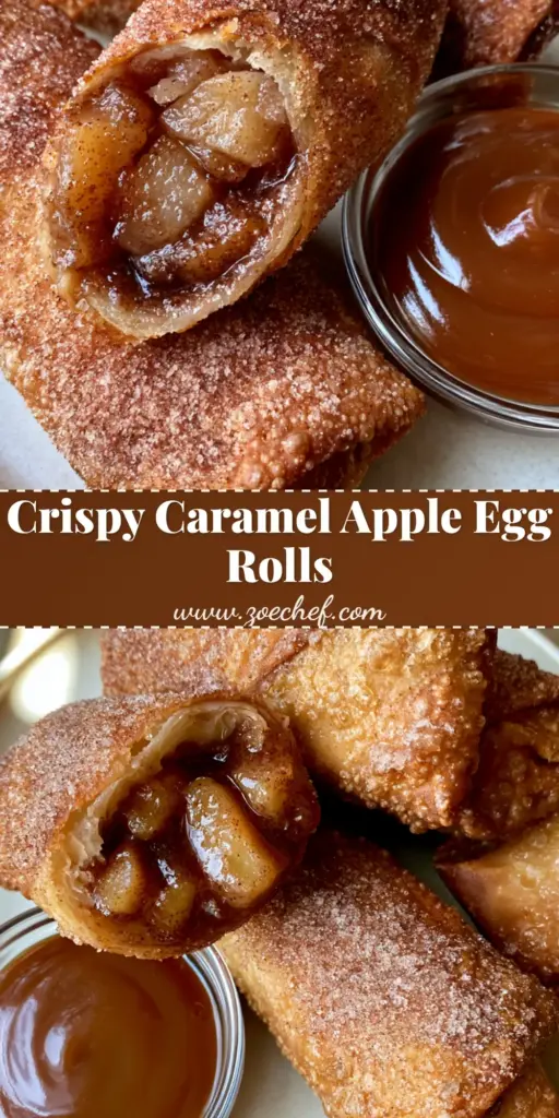 Apple Pie Egg Rolls: The Ultimate Crispy Cinnamon Dessert 4 Three golden-brown deep-fried Apple Pie Egg Rolls on an off-white plate, one sliced open to show apple filling, with caramel sauce nearby.