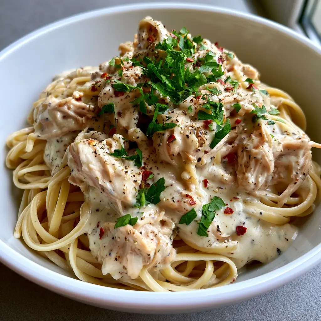 Slow Cooker Creamy Ranch Chicken with Linguine 1 Slow Cooker Creamy Ranch Chicken garnished with red chili flakes and fresh green parsley on a gray table.
