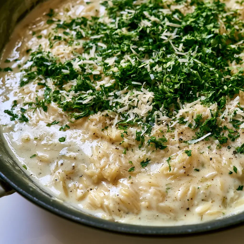 Creamy Garlic Parmesan Orzo: The Ultimate 20-Minute Skillet Side Dish 2 Close-up of rice-shaped orzo in a velvety pale white cream sauce with visible specks of black pepper and green parsley. (Creamy Garlic Parmesan Orzo)