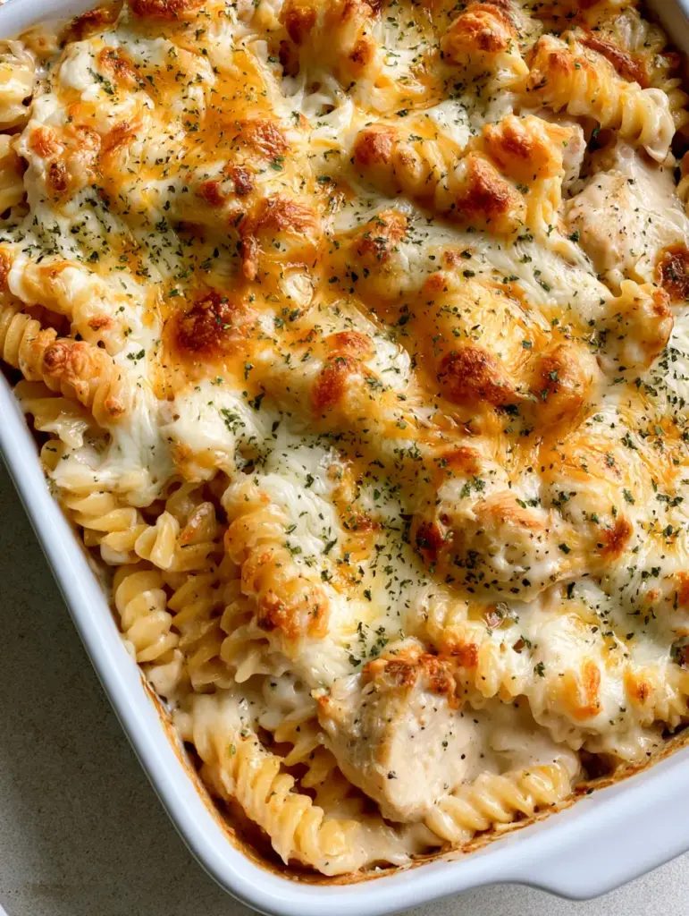 A close-up view of melted cheddar and mozzarella cheese with golden-brown bubbles and green parsley flakes on top of a chicken pasta bake.