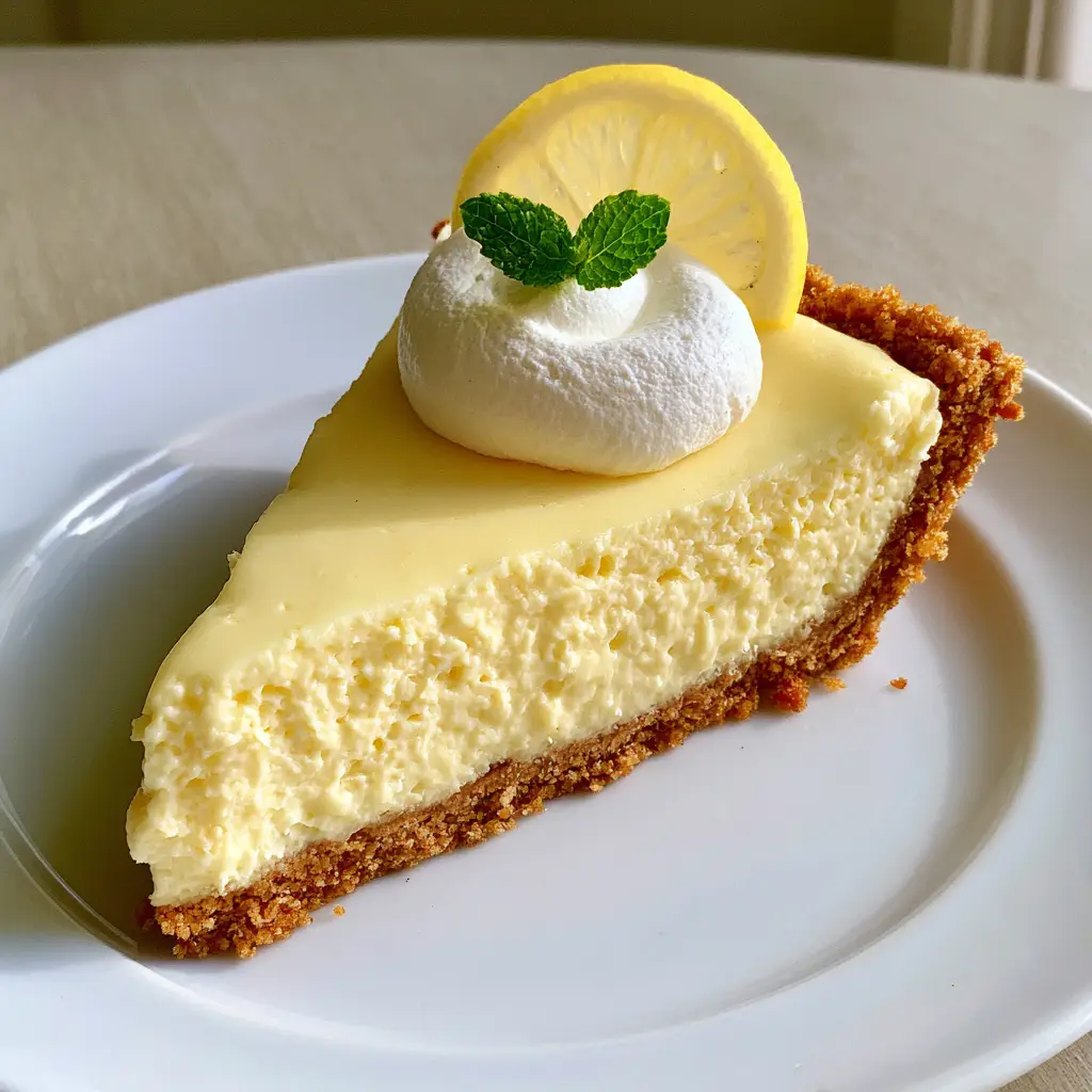Cream Cheese Lemonade Pie with Graham Cracker Crust 2 Handheld photo of a single slice of Cream Cheese Lemonade Pie on a white plate with a mint sprig.