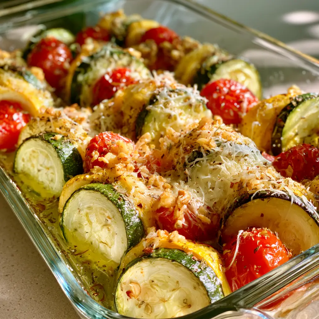 Roasted Zucchini and Squash with Blistered Tomatoes and Parmesan 1 Close up of Roasted Zucchini and Squash highlighting the blistered red cherry tomatoes and dried herb flakes.