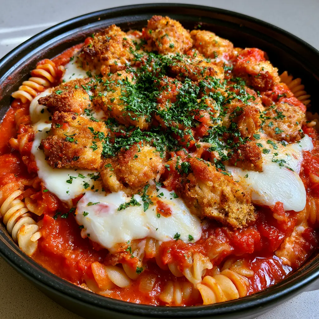 One Pot Chicken Parmesan Pasta: The Ultimate 30-Minute Dinner 2 Close-up of golden-brown breaded chicken chunks and rotini pasta in thick marinara sauce. (One Pot Chicken Parmesan Pasta)