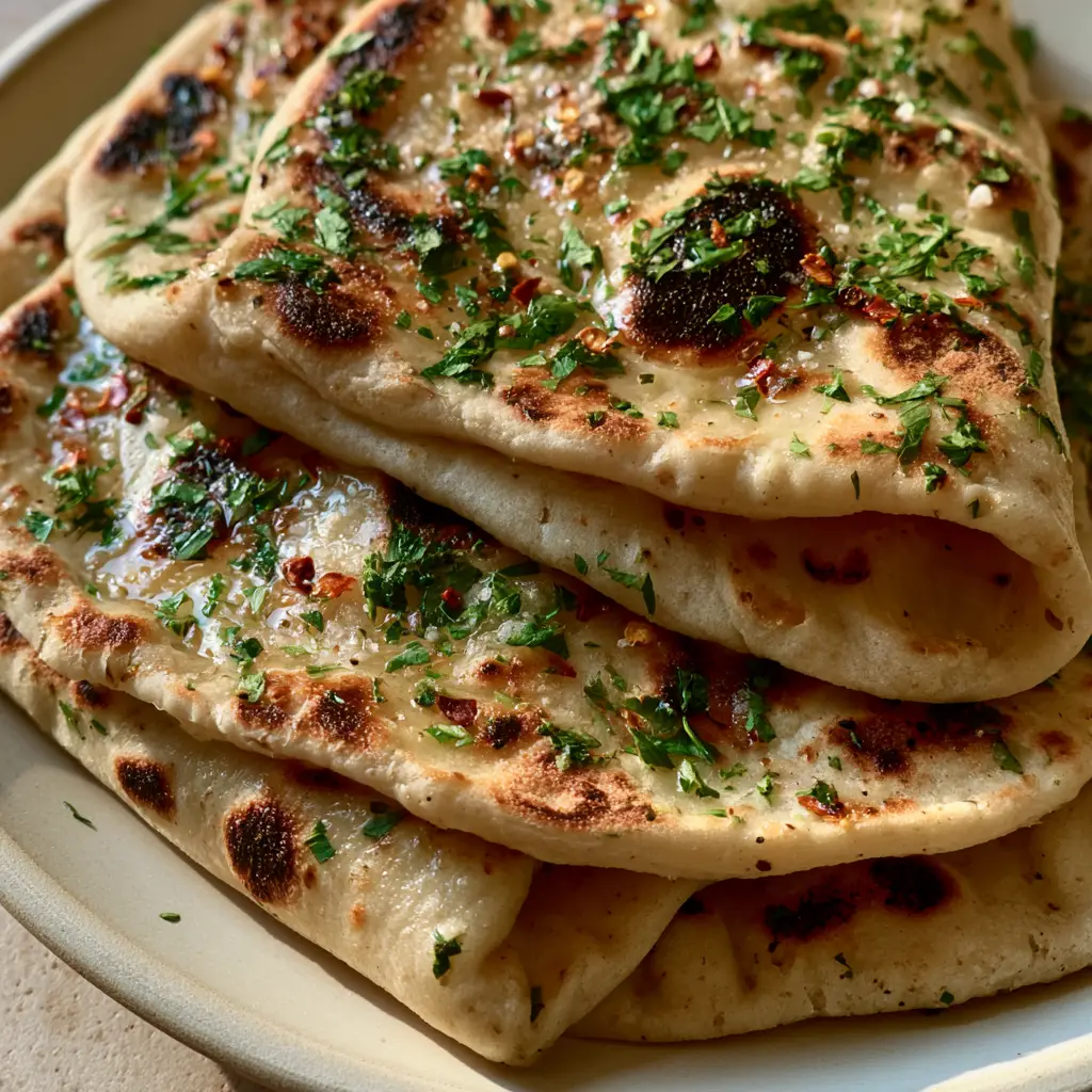 sourdough discard flatbread: The Ultimate Soft and Charred Pan-Seared Recipe 2 Top-down view of stacked sourdough discard flatbread showing charred spots and herb garnish.