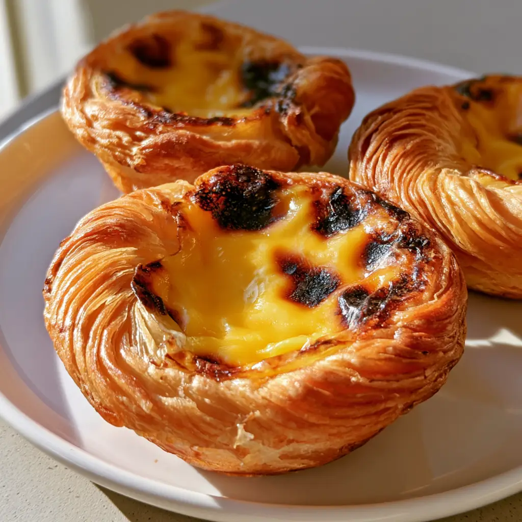 Pastel de Nata Recipe: The Ultimate Guide to Authentic Portuguese Custard Tarts 2 Smartphone photo of authentic Pastel de Nata tarts on a white plate showing multi-layered spiral puff pastry. (Pastel de Nata Recipe)