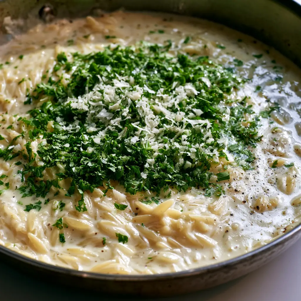 Creamy Garlic Parmesan Orzo: The Ultimate 20-Minute Skillet Side Dish 1 Handheld smartphone photo of a dark skillet with Creamy Garlic Parmesan Orzo topped with dense parsley and parmesan flakes.