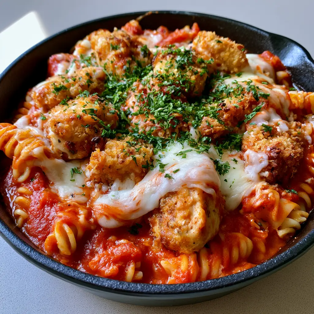 One Pot Chicken Parmesan Pasta: The Ultimate 30-Minute Dinner 1 Top-down view of melted white mozzarella cheese over One Pot Chicken Parmesan Pasta garnished with parsley.