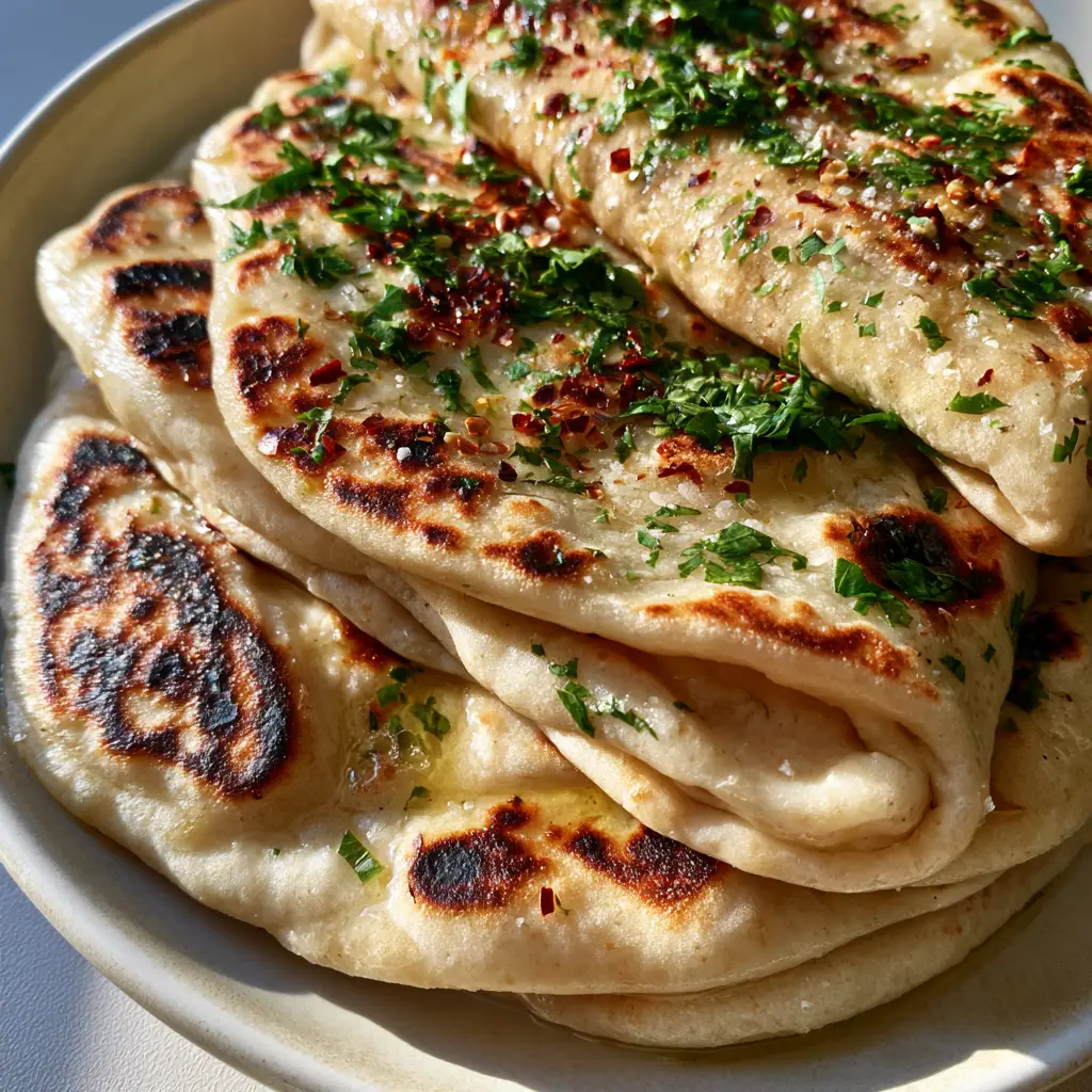 sourdough discard flatbread: The Ultimate Soft and Charred Pan-Seared Recipe 1 Close up of buttery sourdough discard flatbread with red chili flakes and sea salt.