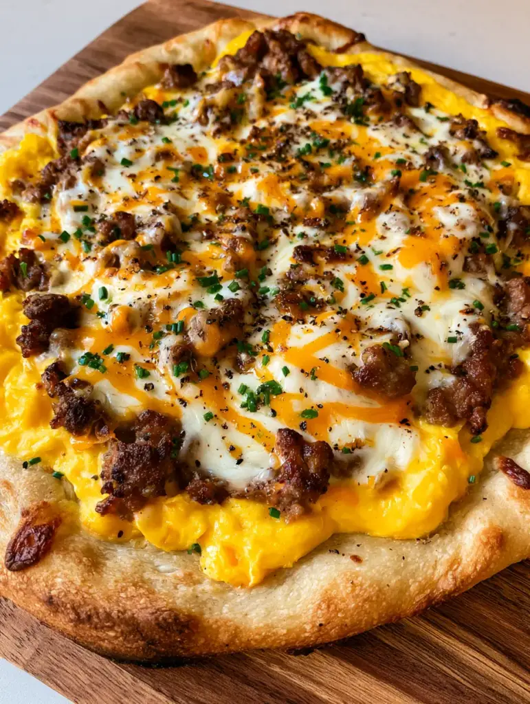 A thick, golden-brown baked pizza dough with charred edges topped with scrambled eggs and sausage. (Breakfast Pizza)