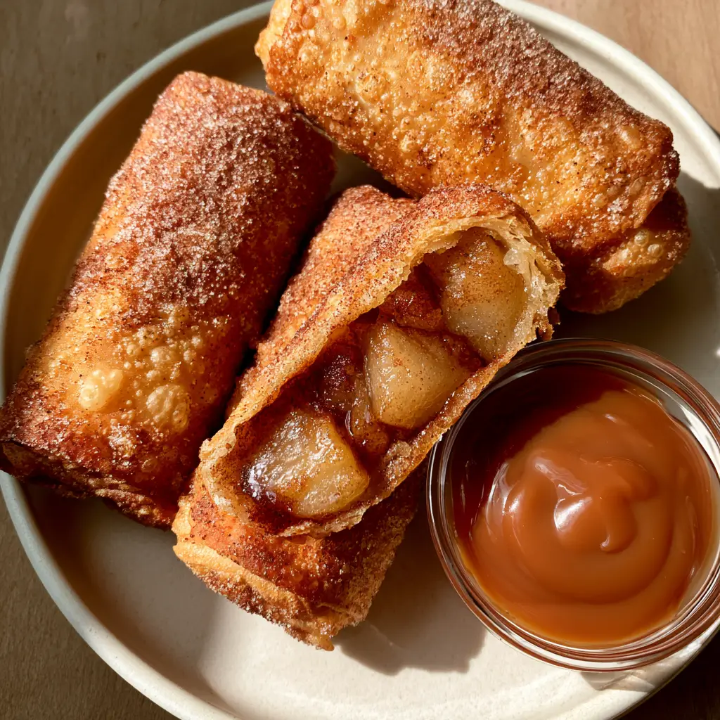 Apple Pie Egg Rolls: The Ultimate Crispy Cinnamon Dessert 1 Sliced Apple Pie Egg Roll revealing the thick translucent cinnamon syrup and sautéed apple chunks inside.