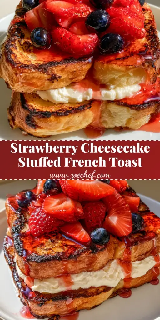 Strawberry Stuffed French Toast with Cream Cheese Filling 3 A stack of two thick-cut brioche Strawberry Stuffed French Toast slices with a visible cream cheese layer, topped with fresh strawberries and blueberries on a white plate.