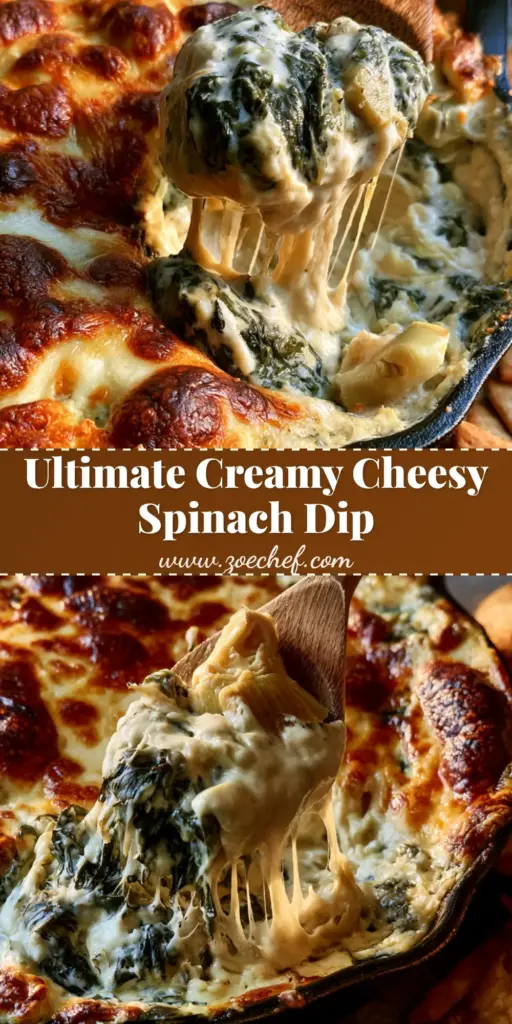 Baked Spinach Artichoke Dip with Toasted Parmesan Crust 4 A bubbling hot Baked Spinach Artichoke Dip in a black cast iron skillet with a wooden spoon lifting a gooey cheese-filled scoop, served with toasted pita chips.