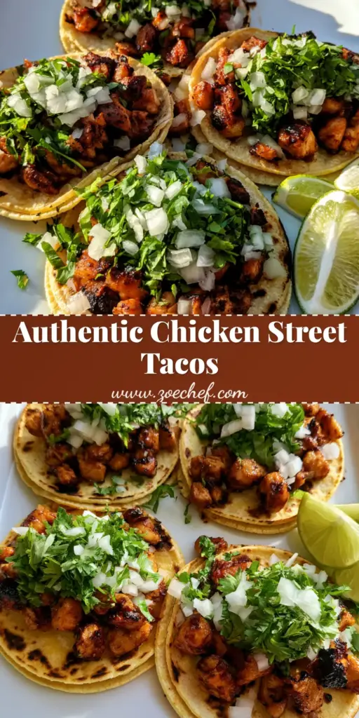 Chicken Street Tacos: Authentic Citrus-Marinated Grilled Chicken 4 A top-down view of four Chicken Street Tacos with charred corn tortillas, grilled chicken, white onions, and cilantro on a white plate.