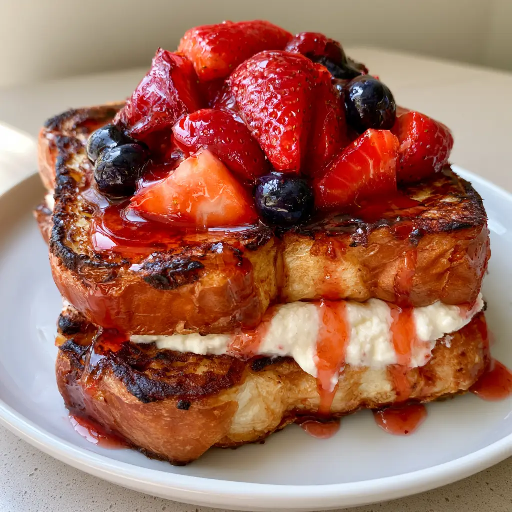 Strawberry Stuffed French Toast with Cream Cheese Filling 2 Close up of golden-brown griddled brioche Strawberry Stuffed French Toast showing charred edges and glossy red syrup drizzle.