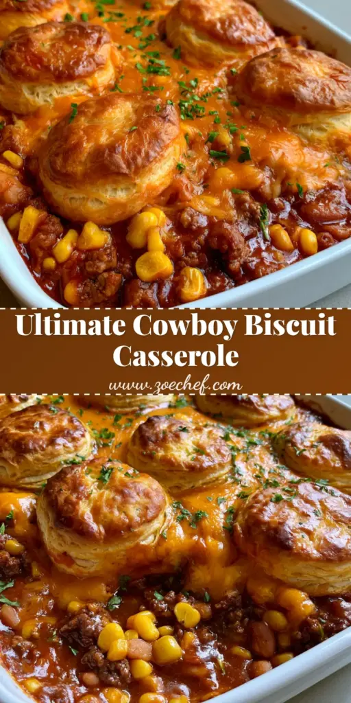Cowboy Casserole with Biscuits: The Ultimate Flaky Comfort Food 3 A deep white ceramic baking dish filled with Cowboy Casserole with Biscuits, featuring golden-brown flaky biscuits, melted orange cheddar, and savory beef gravy with corn and pinto beans.