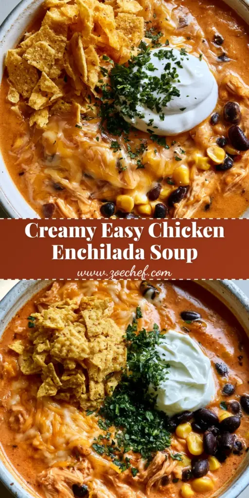 Chicken Enchilada Soup: The Creamiest One-Pot Mexican Dinner 3 Top-down view of a creamy orange-red Chicken Enchilada Soup in a white bowl, topped with shredded cheese, sour cream, and cilantro.