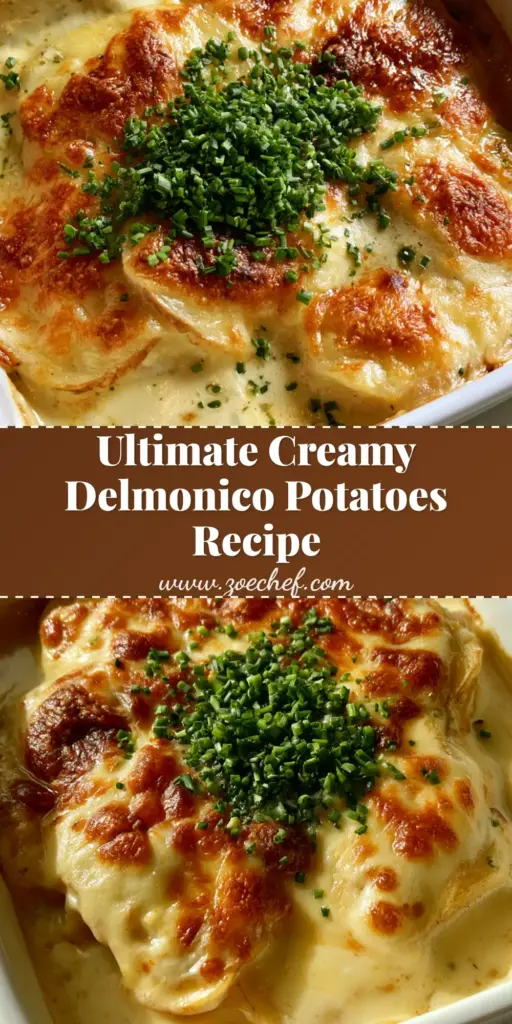 Delmonico Potatoes Recipe: The Ultimate Creamy Cheesy Casserole 4 A square white ceramic baking dish filled with cheesy Delmonico Potatoes Recipe, featuring a bubbly golden-brown crust and fresh green chives.