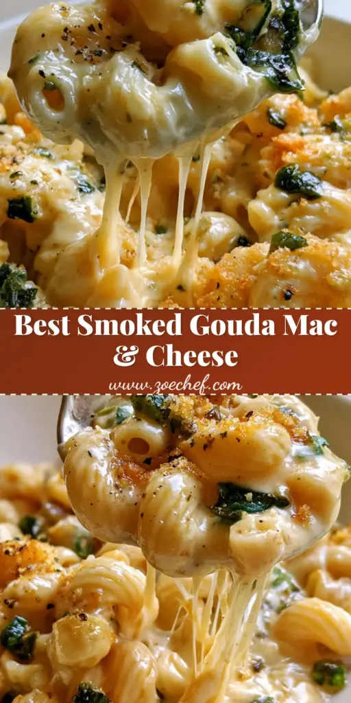 A silver spoon lifting a portion of Smoked Gouda Mac and Cheese showing long, gooey cheese strings and toasted breadcrumbs.