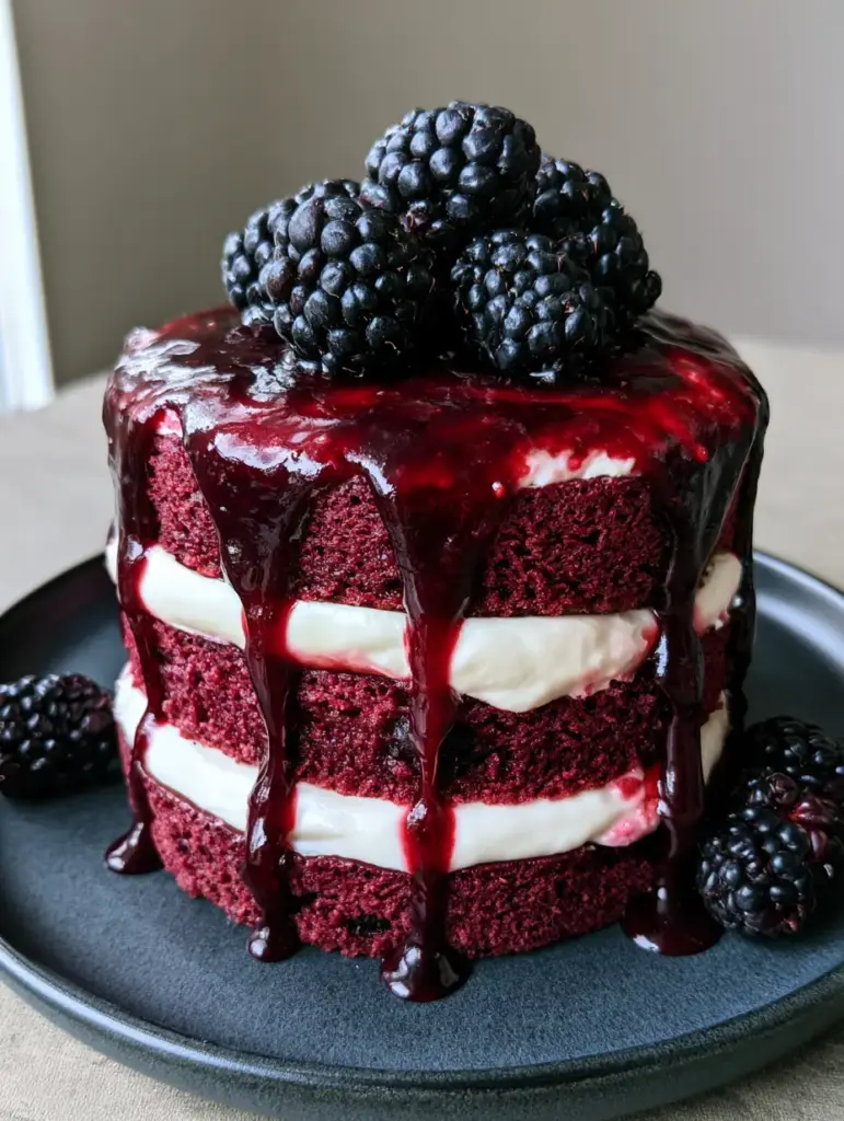 Blackberry Velvet Gothic Cake with Mascarpone Cream 1 Top view of the glossy blackberry reduction sauce dripping down the Blackberry Velvet Gothic Cake.