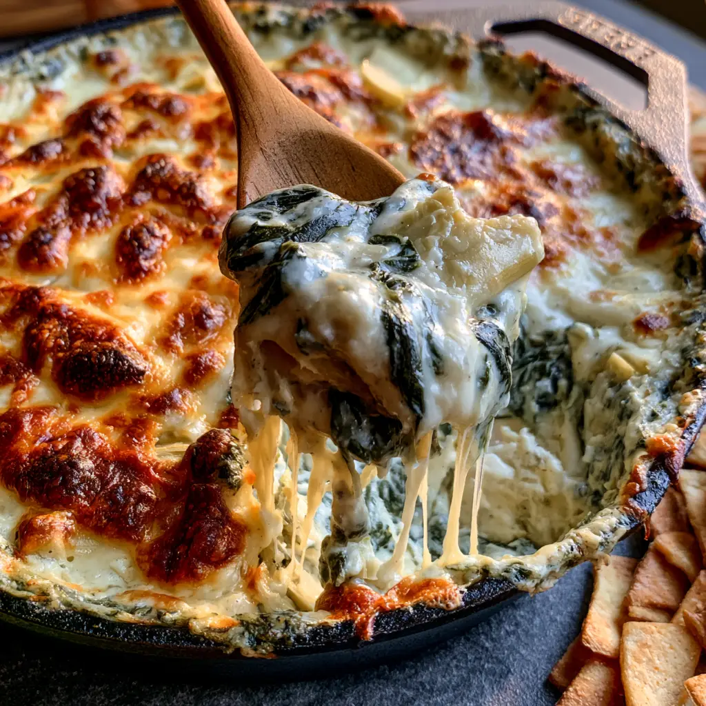 Baked Spinach Artichoke Dip with Toasted Parmesan Crust 2 Close-up of a Baked Spinach Artichoke Dip showing the toasted parmesan cheese crust and bubbling mozzarella edges in a cast iron skillet.