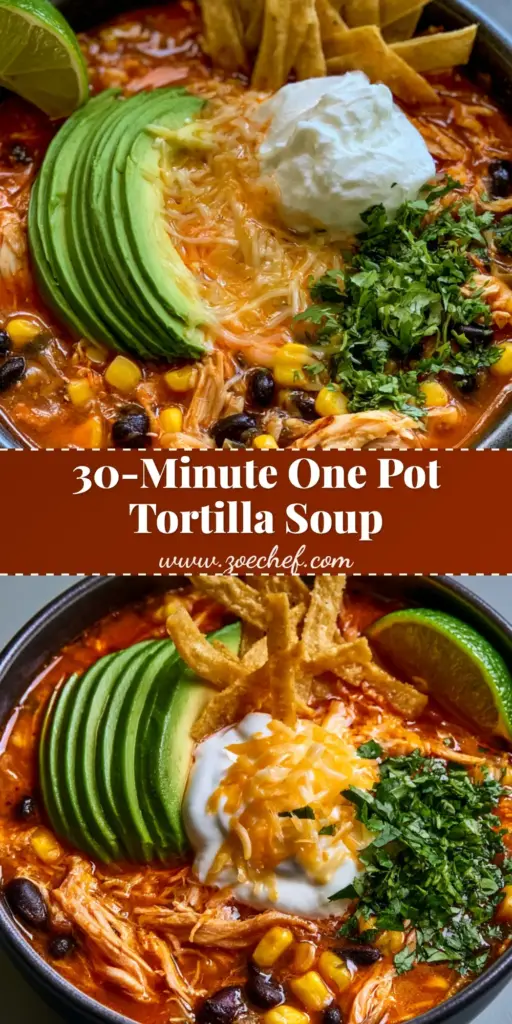 Easy Chicken Tortilla Soup (The Best 30-Minute Dinner) 4 A deep bowl of Easy Chicken Tortilla Soup with shredded chicken, black beans, corn, and avocado fan.
