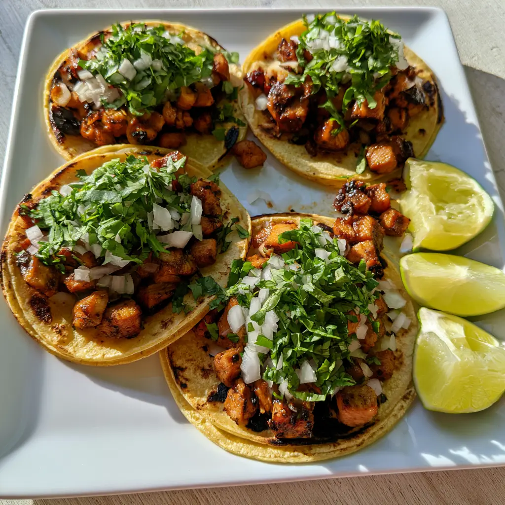 Chicken Street Tacos: Authentic Citrus-Marinated Grilled Chicken 2 Close-up of four Chicken Street Tacos showing charred yellow corn tortillas and succulent caramelized chicken cubes.
